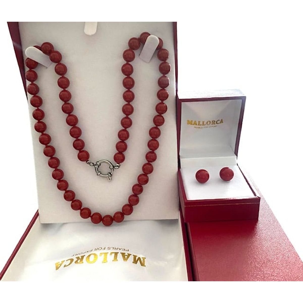 MALLORCA - COLLAR 45CMS Y AROS PERLAS ROJAS DE MALLORCA