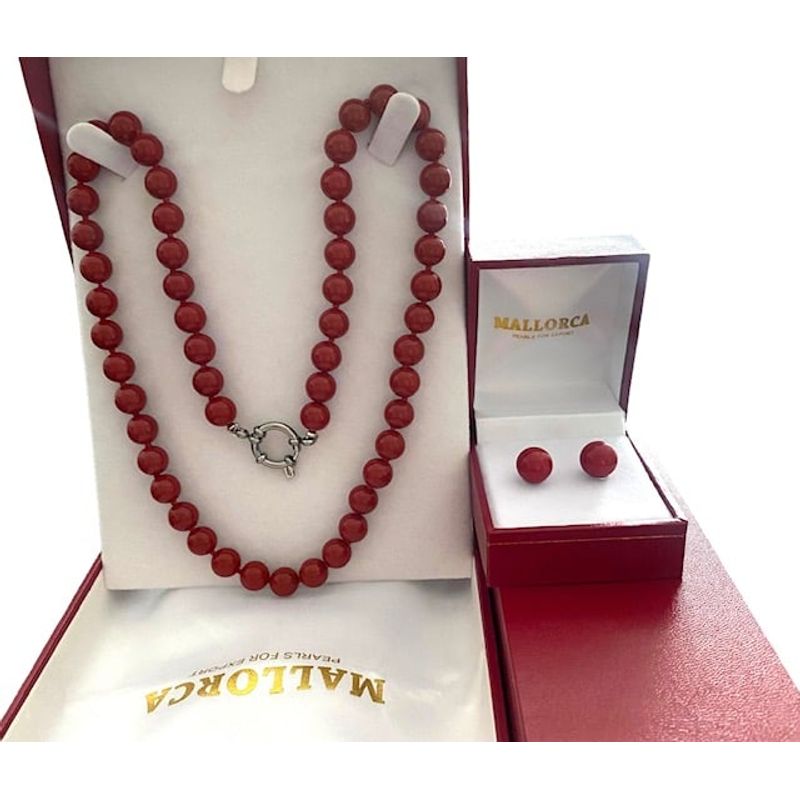 MALLORCA - COLLAR 45CMS Y AROS PERLAS ROJAS DE MALLORCA