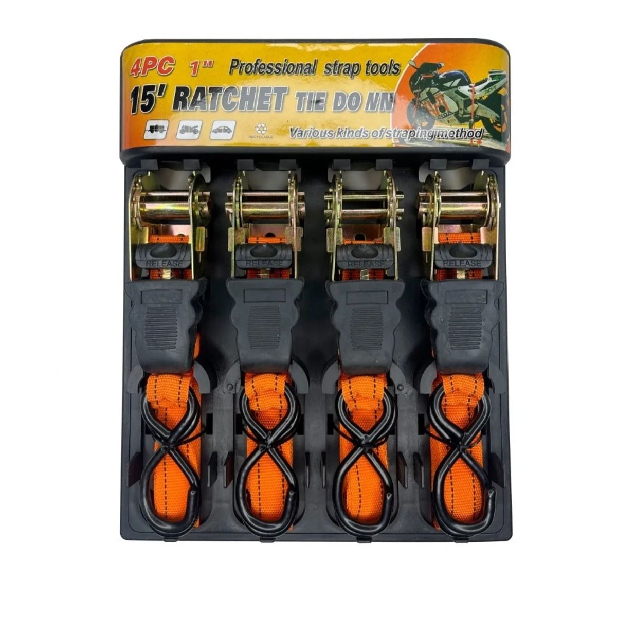 GENERICO - Juego 4 Eslinga Cinta Amarre Con Ratchet 1.5 Pulgadas 25mm