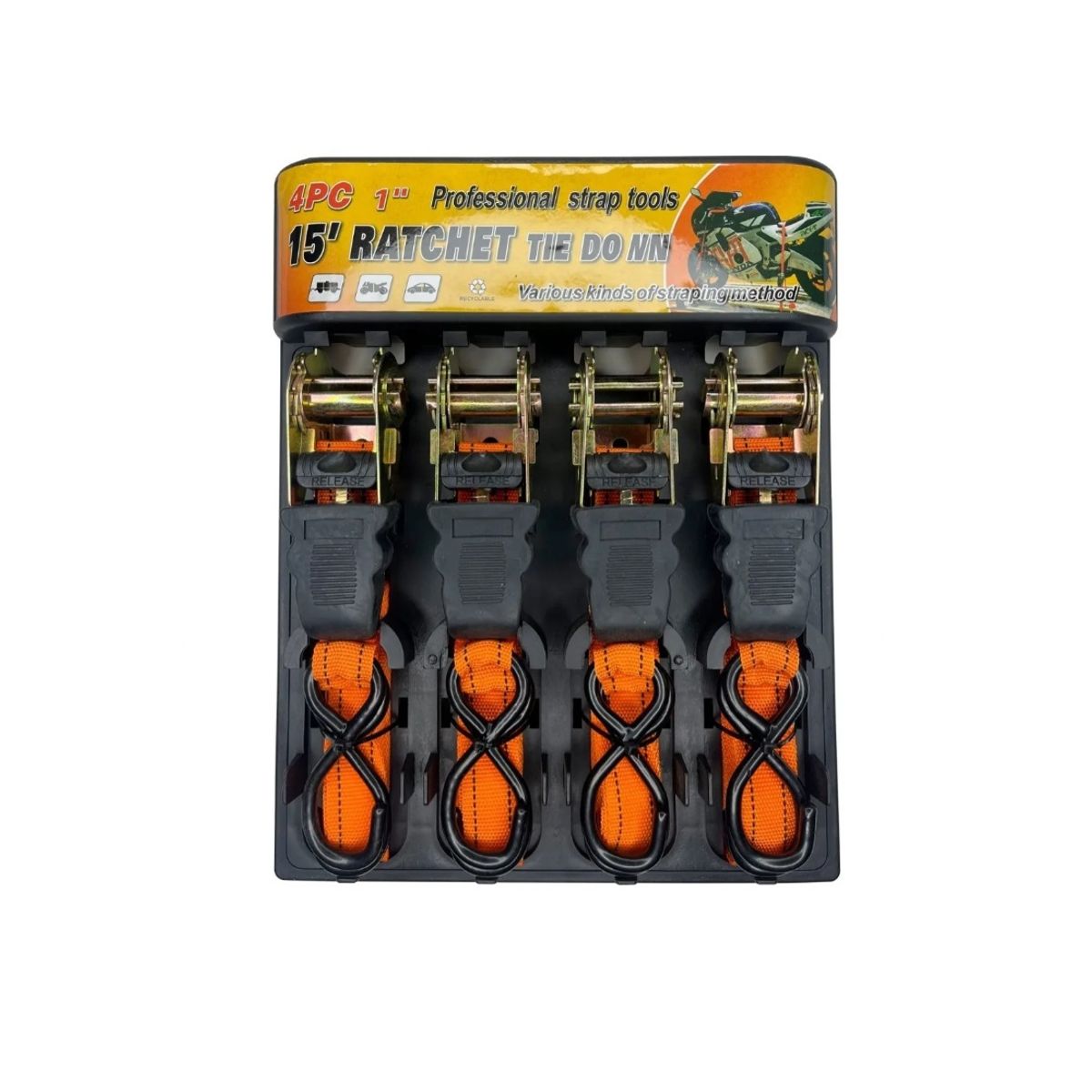 GENERICO - Juego 4 Eslinga Cinta Amarre Con Ratchet 1.5 Pulgadas 25mm