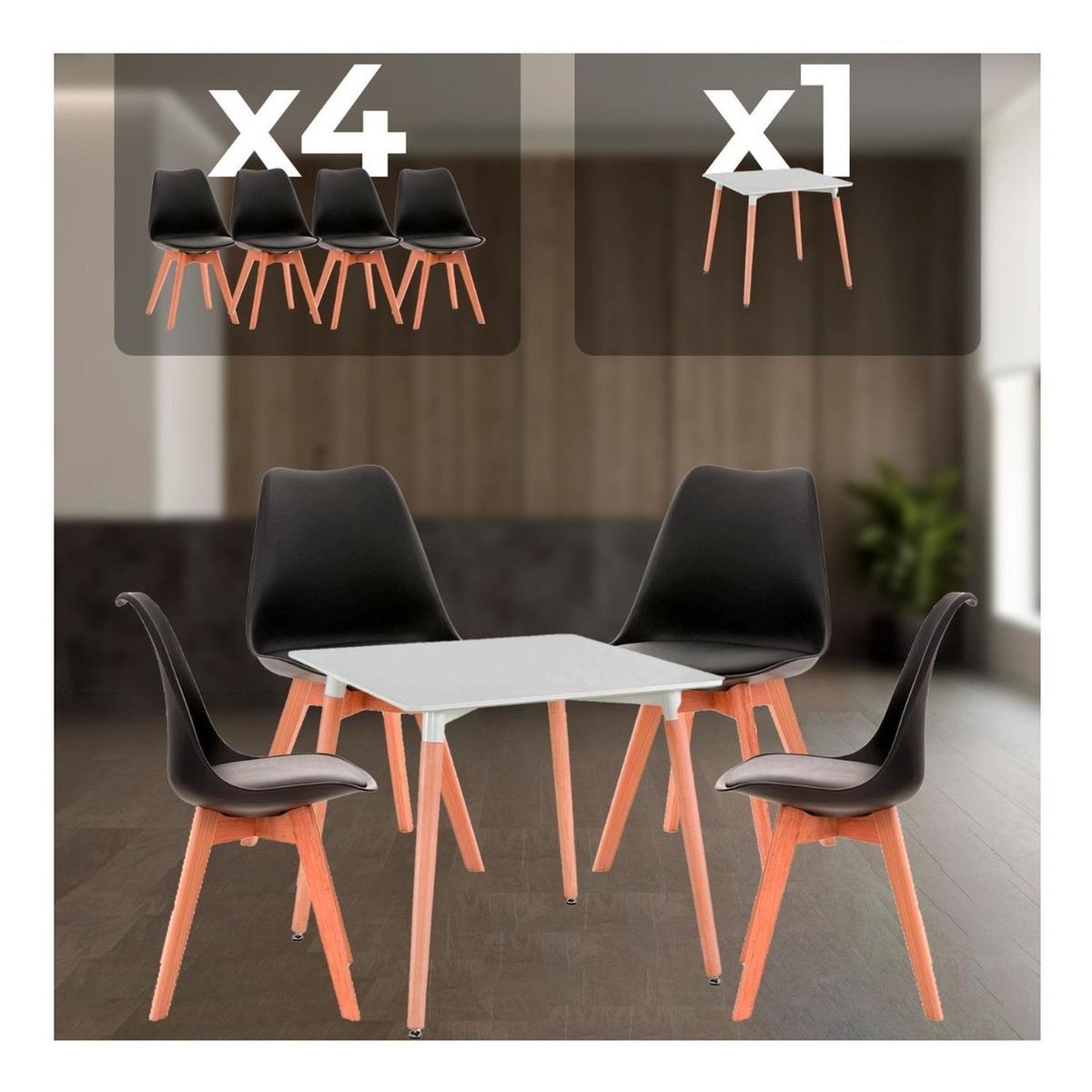 GLOBAL LATIN GROUP - Juego De Comedor Cuadrado Con 4 Sillas Eames - Negro