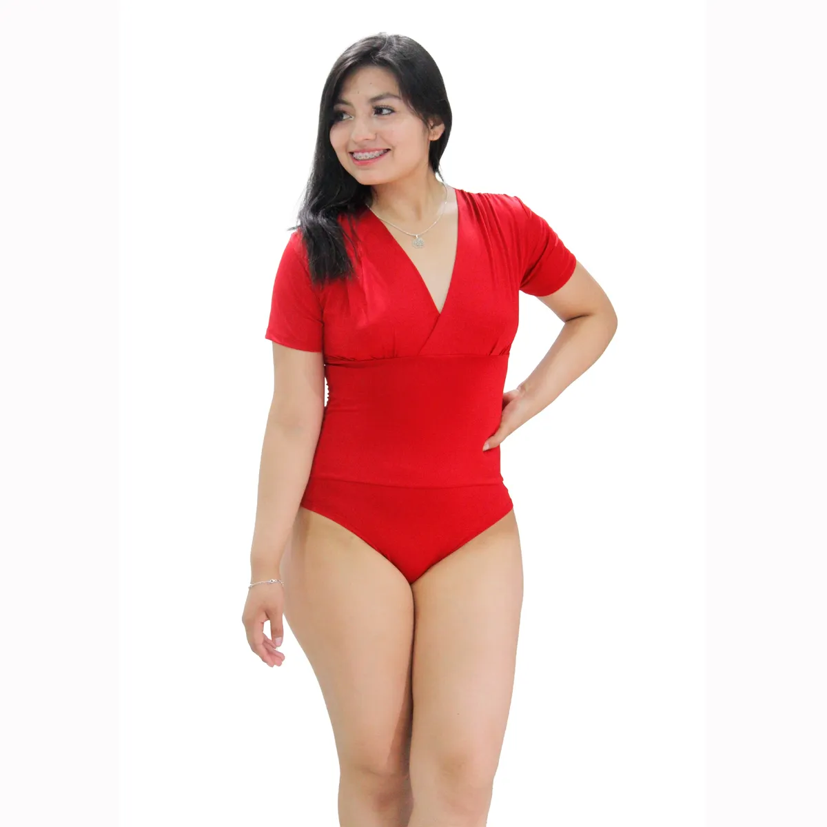 ADEMAN - Body faja con cuello V manga corta rojo