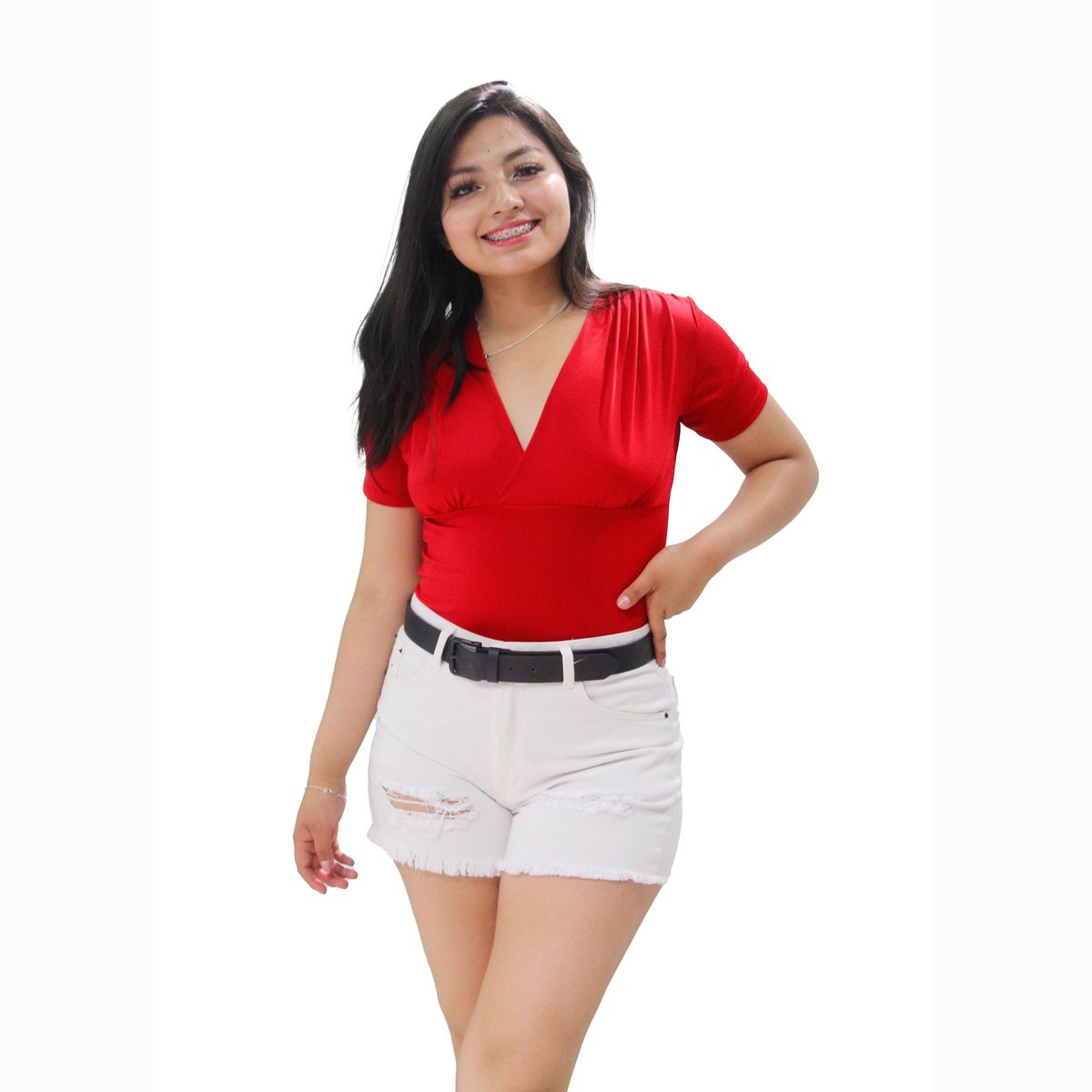 ADEMAN - Body faja con cuello V manga corta rojo