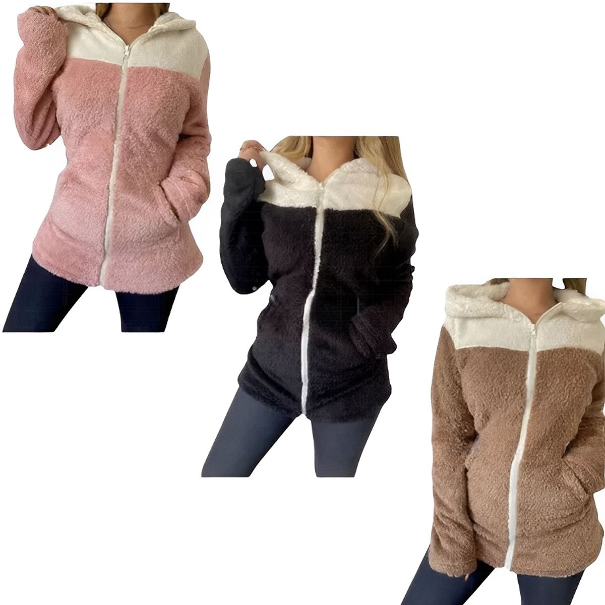 AGW - Pack 3 Polerones Mujer Capucha Peludos Bicolor