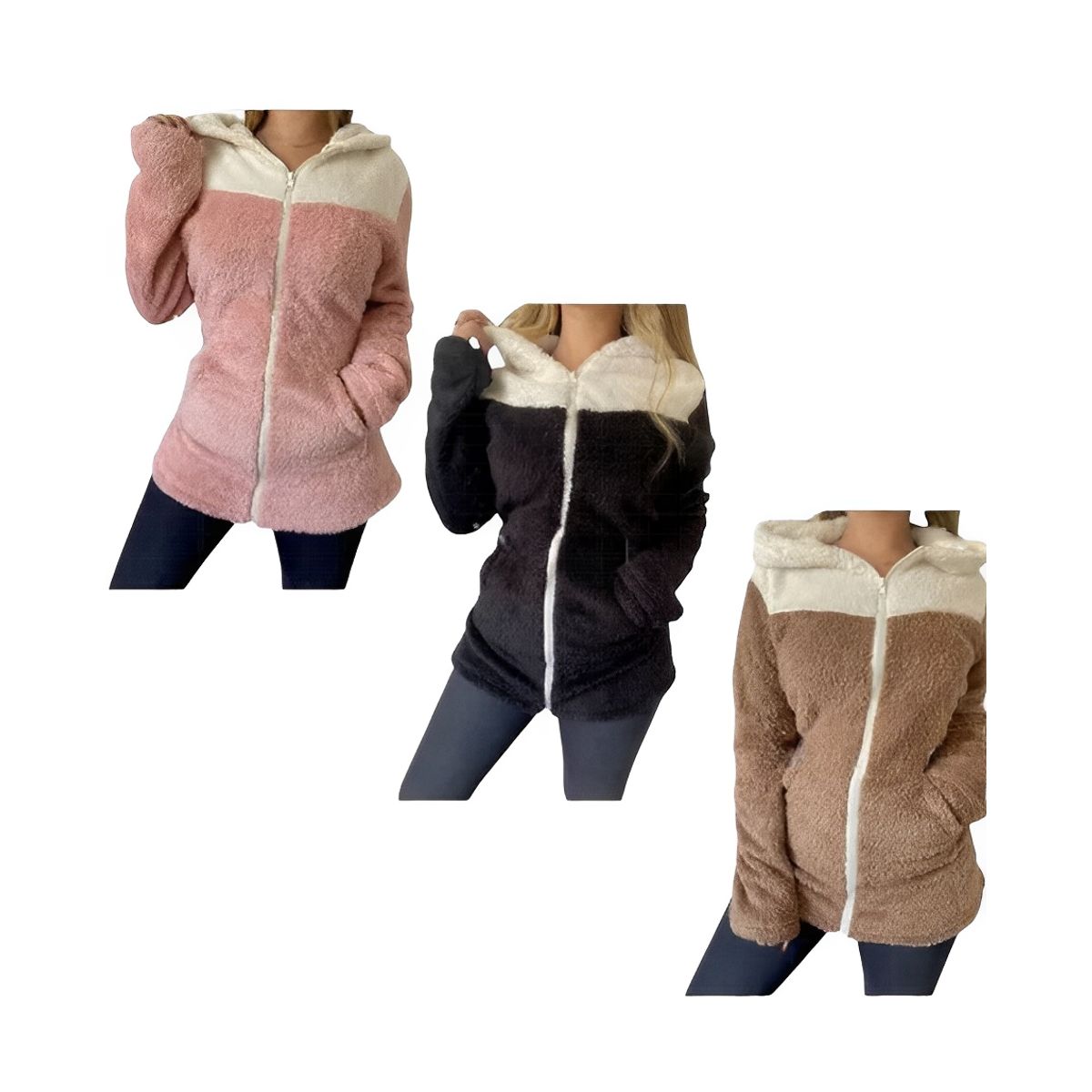 AGW - Pack 3 Polerones Mujer Capucha Peludos Bicolor