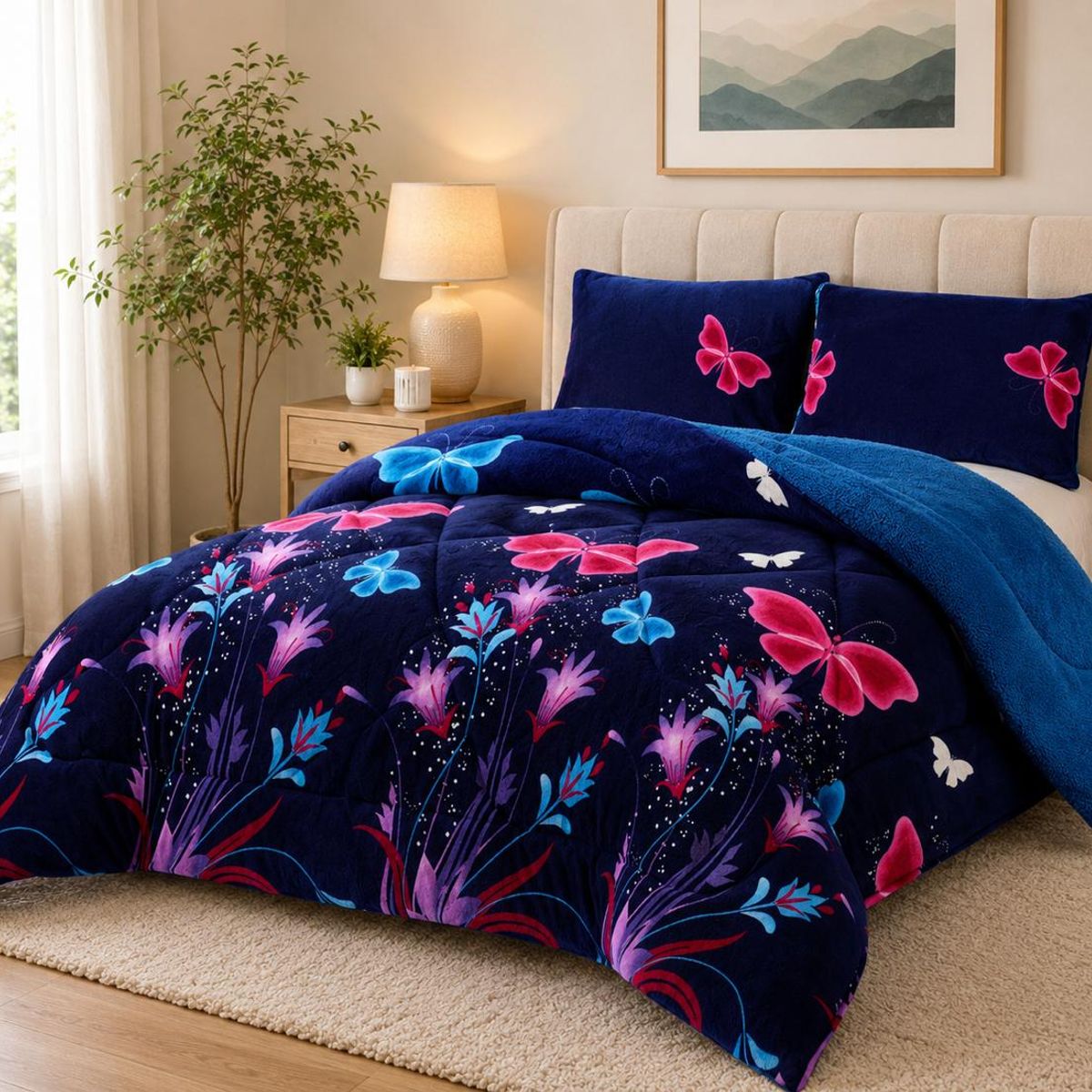 GENERICO - Cubrecama de Invierno Plush con Chiporro 2 Plaza Azul con Mariposas