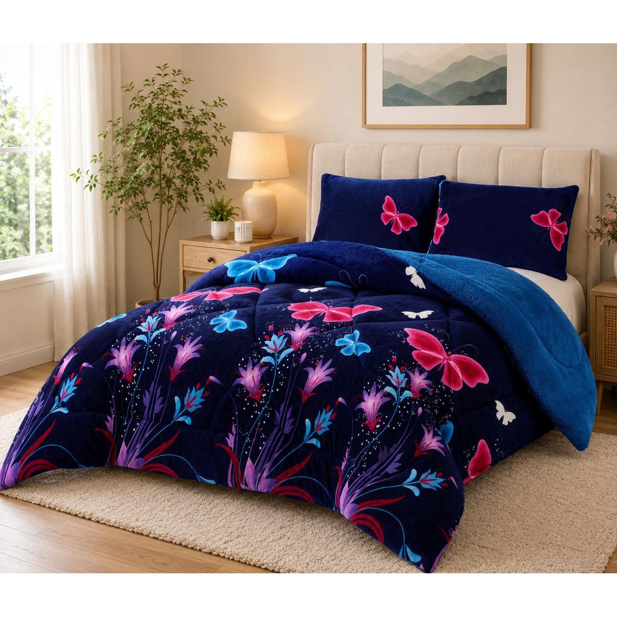 GENERICO - Cubrecama de Invierno Plush con Chiporro 2 Plaza Azul con Mariposas