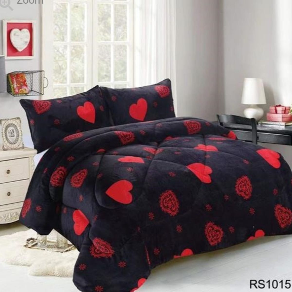 GENERICO - Cubrecama de Invierno Plush con Chiporro 2 Negro con Corazones