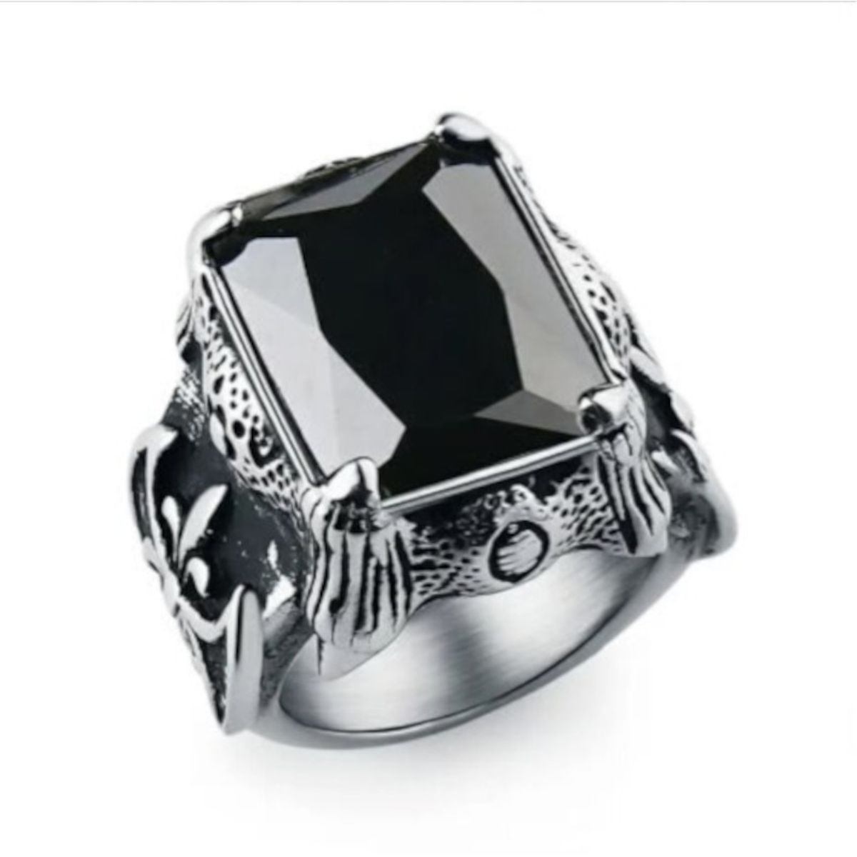 LIVE LOVE ROCK ON - Anillo Acero Vintage con Piedra Negra Grande y Flor de Lis