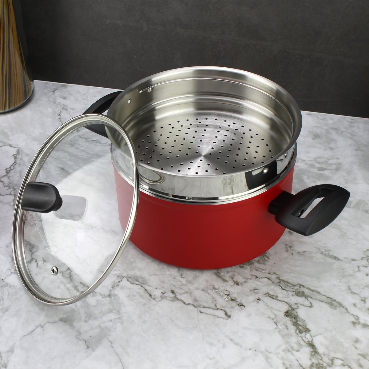 Fagor - Olla 20 cm con tapa y vaporera rojo Máxima