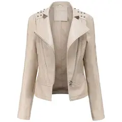 BLWOENS - Chaqueta de cuero PU con remaches de liso para mujer-Beige