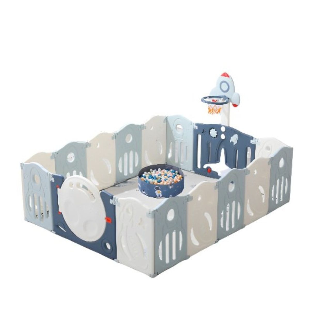 GENERICO - Corral 160x200 Moon Azul y Alfombra Aro y Piscina de pelotas