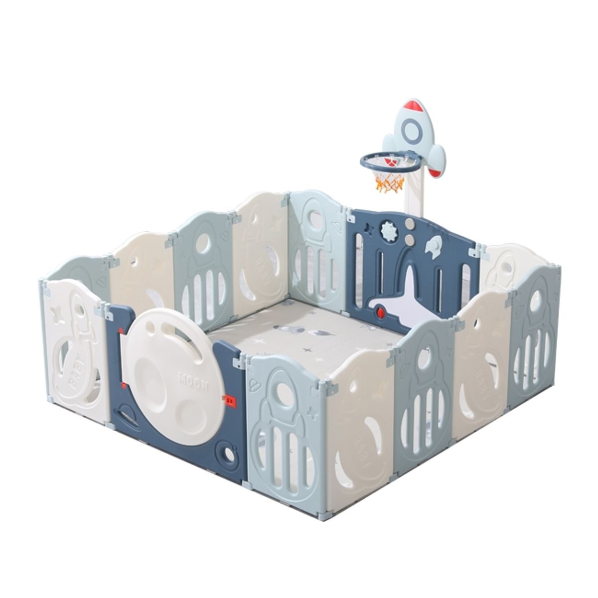 GENERICO - Corral 160x200 Moon Azul y Alfombra Aro y Piscina de pelotas