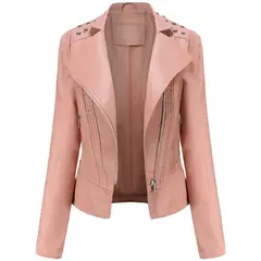 BLWOENS - Chaqueta de cuero PU con remaches de liso para mujer-ROSA