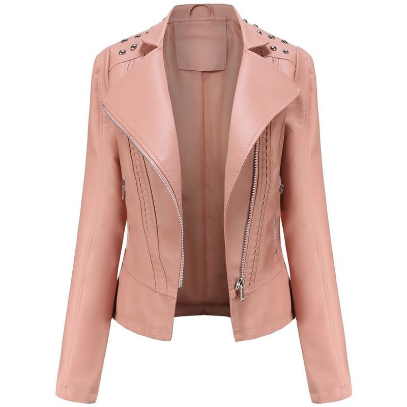 BLWOENS - Chaqueta de cuero PU con remaches de liso para mujer-ROSA