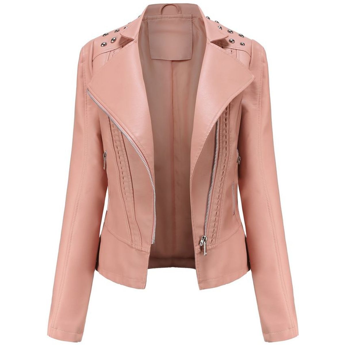 BLWOENS - Chaqueta de cuero PU con remaches de liso para mujer-ROSA