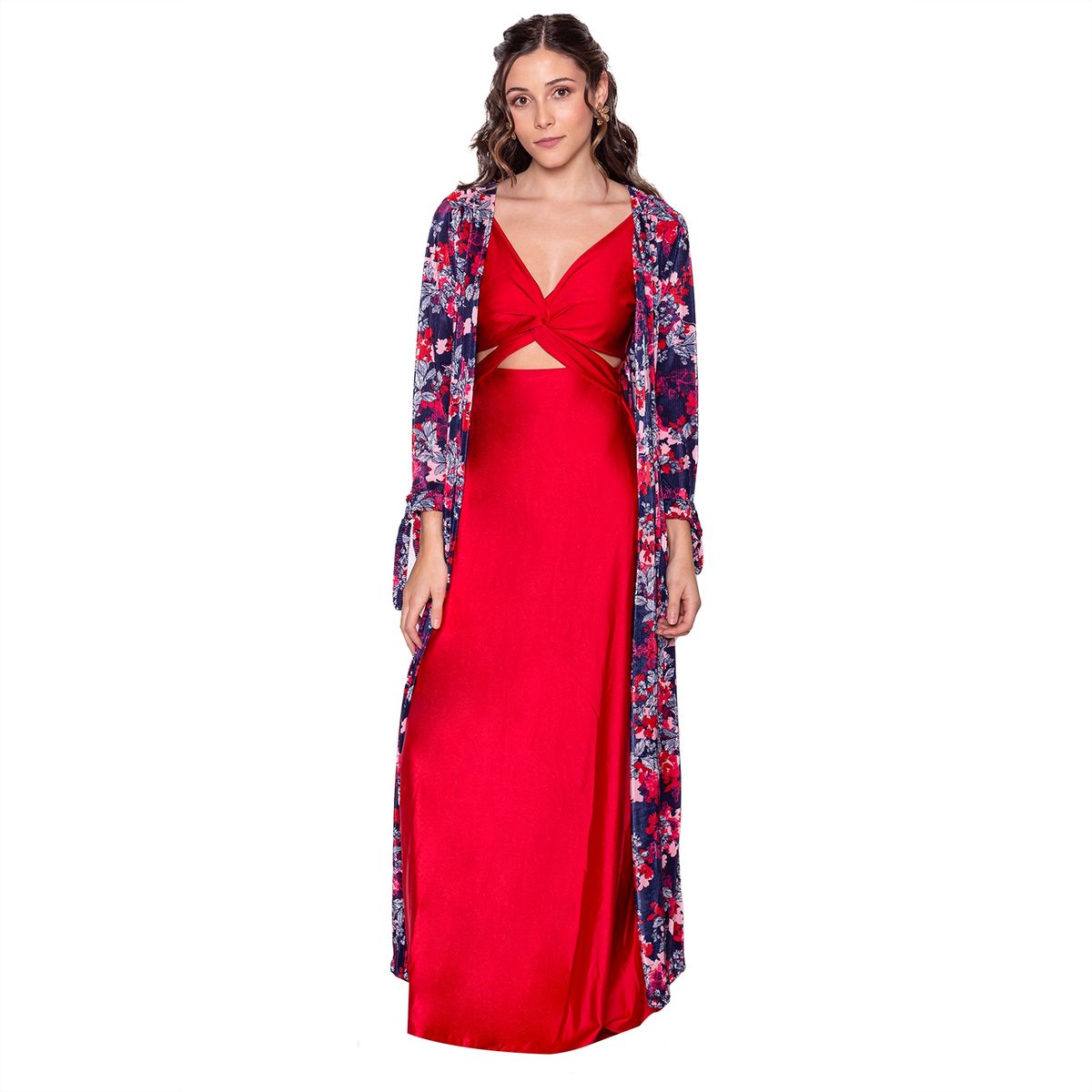 MARIA PASKARO - Tapado Kimono Largo Verona Azul Flores Plisado Maria Paskaro MARIA PASKARO