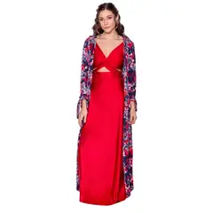 MARIA PASKARO - Tapado Kimono Largo Verona Azul Flores Plisado