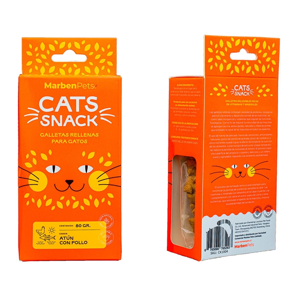 MARBEN PETS - Galletas Cats Snack Rellenas Sabor Atun y Pollo Gato 80gr