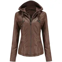 BLWOENS - Chaqueta de cuero PU sintética con capucha para mujer-Café