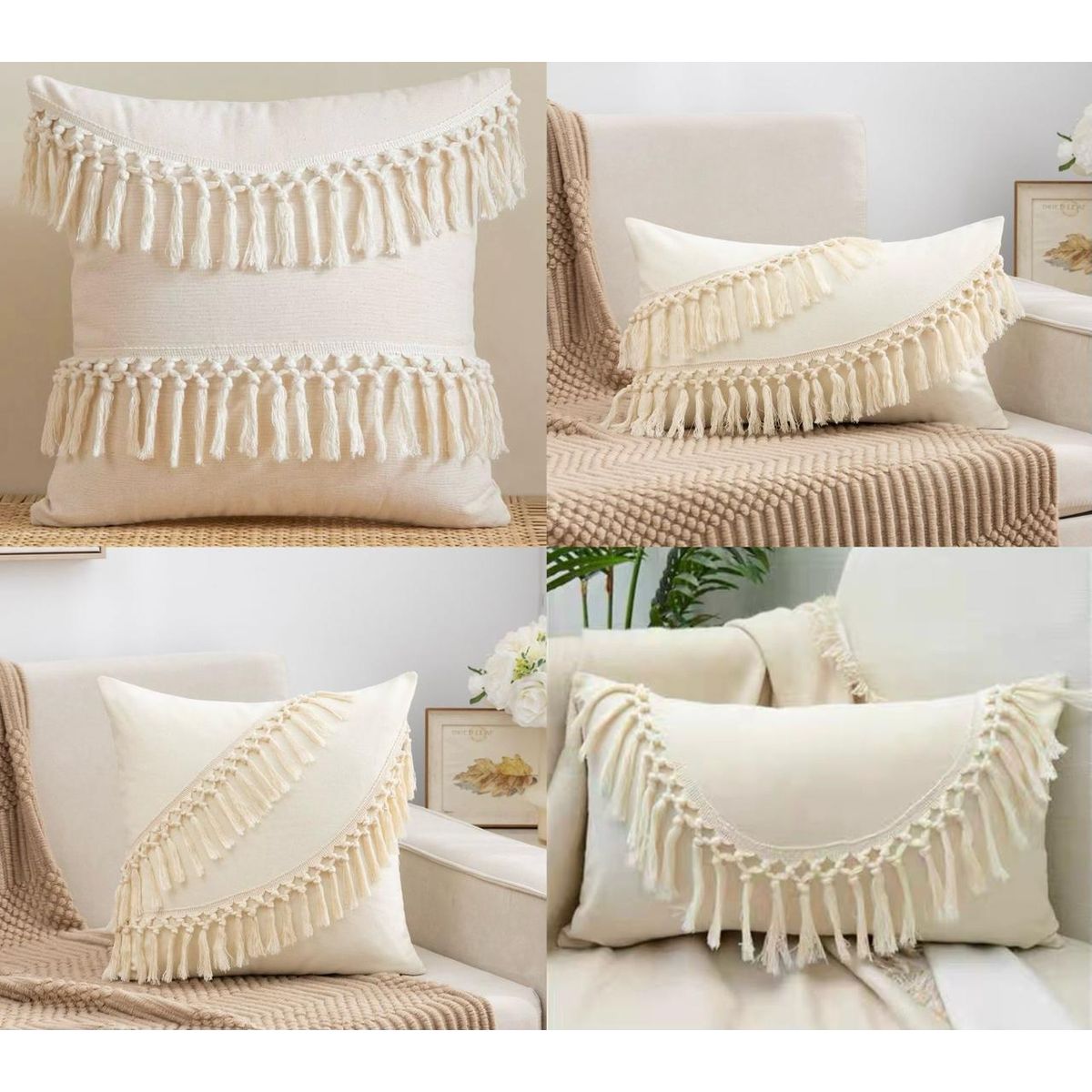 GENERICO - Fundas de cojín  lino - Pack 2 material lino flecos
