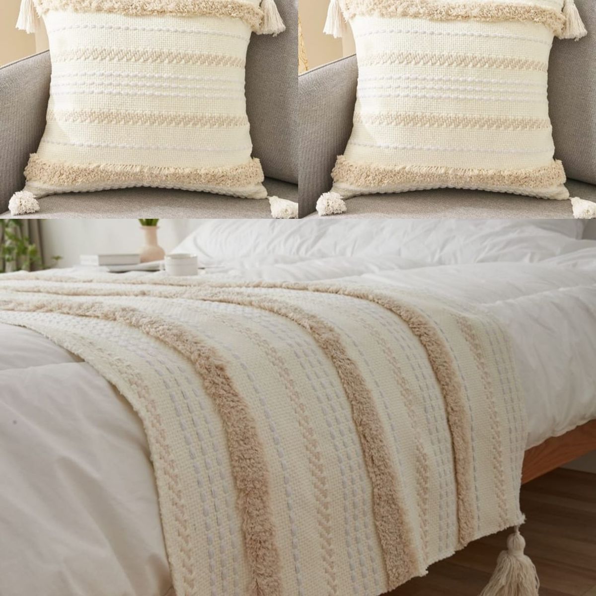 GENERICO - Piecera Tejida más dos fundas de cojín para dormitorio