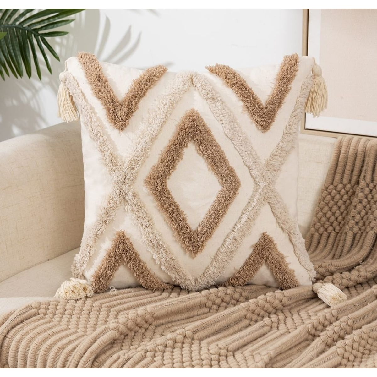 GENERICO - Fundas de cojín Crema - Nórdica Pack 2 Material Lino y algodón