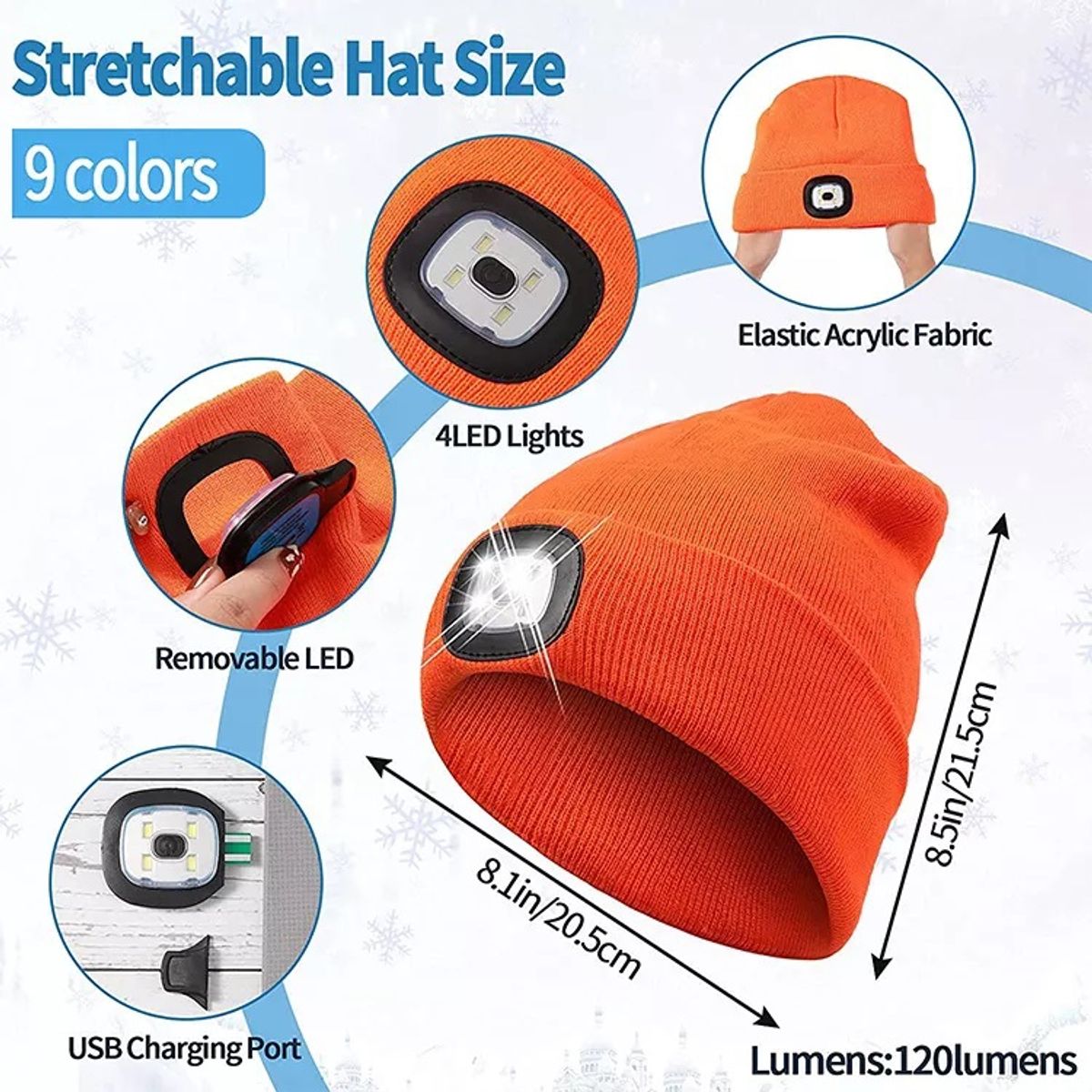 GENERICO - Gorro con Linterna Led 3 Modos recargable1200mAh NARANJO