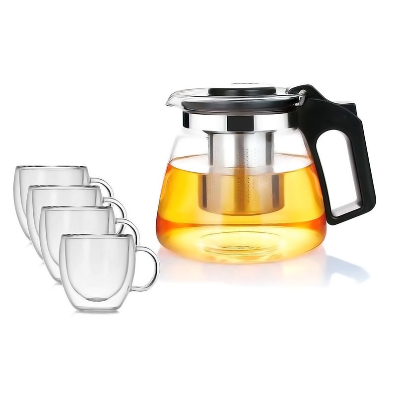 GENERICO - Tetera Vidrio Infusor + 4 Tazas Cafe Te Doble Pared Termico