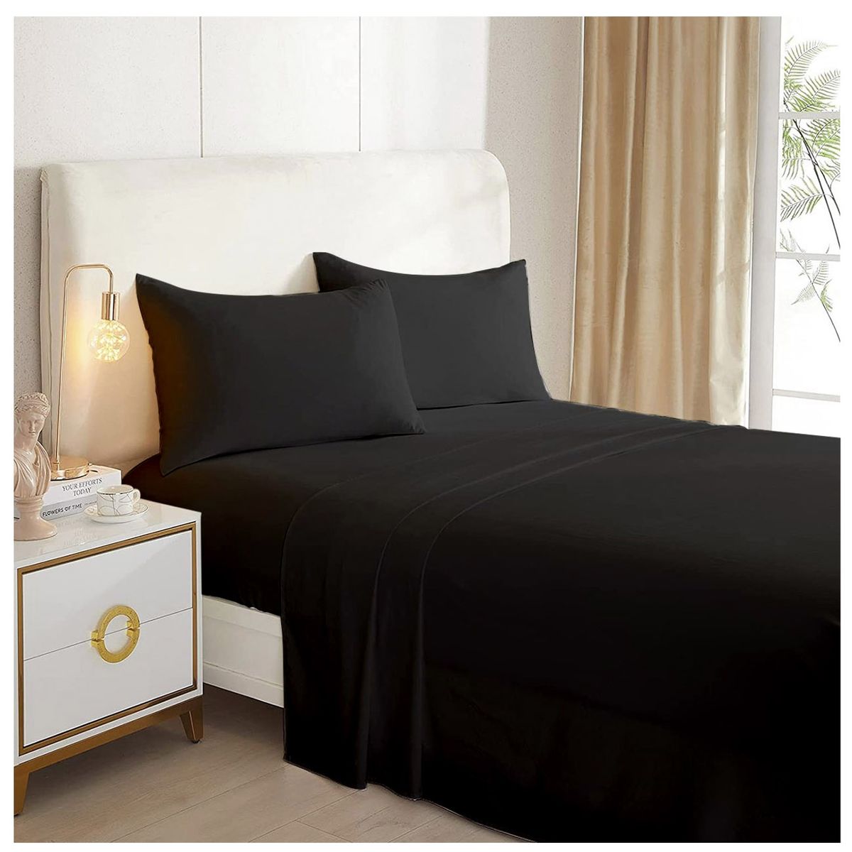 GENERICO - Juego De Sabanas Lisas Negro 1.5 Plazas 144 Hilos