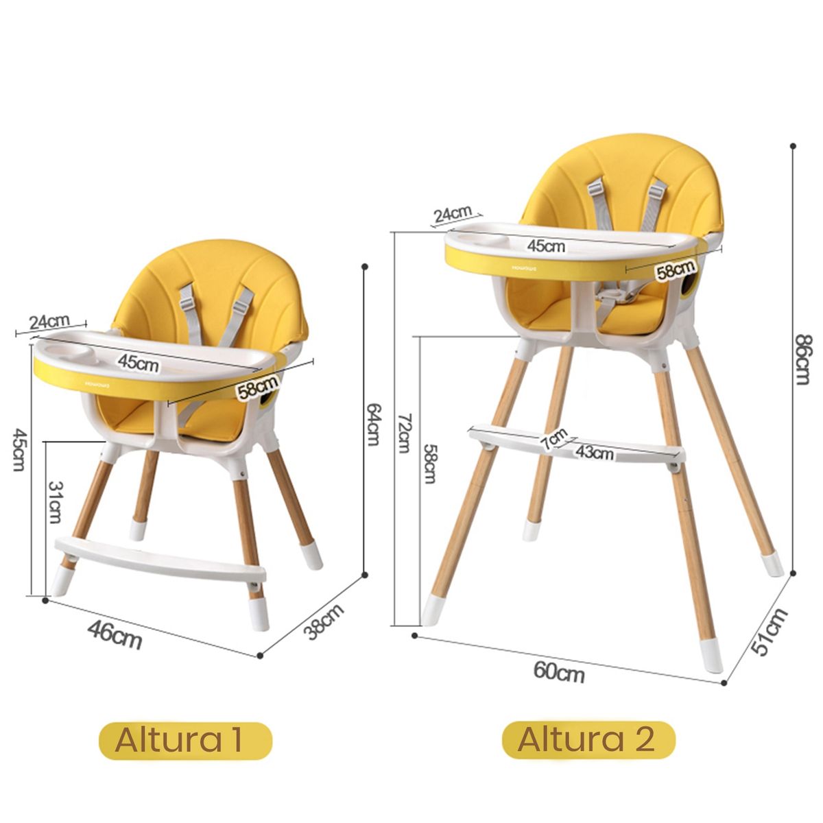 BABYLUNA - Silla De Comer 2 Alturas 2 Cubiertas Y Cinturón. Amarillo