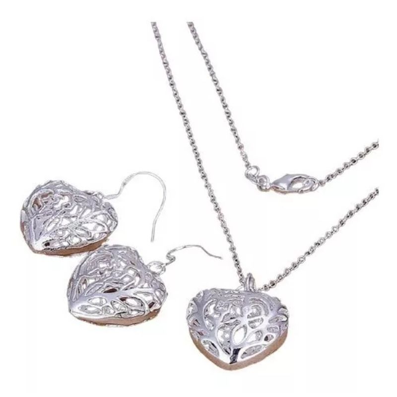 LUXURYJOYAS - Conjunto Plata 925 - COLLAR Y PENDIENTES Corazón Con Relieve 3D