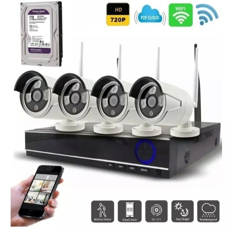 ARTIHOGAR - Kit 4 Camara de Seguridad FHD Inalambricas 2MP con Disco Duro 1 Terabyte 1080P