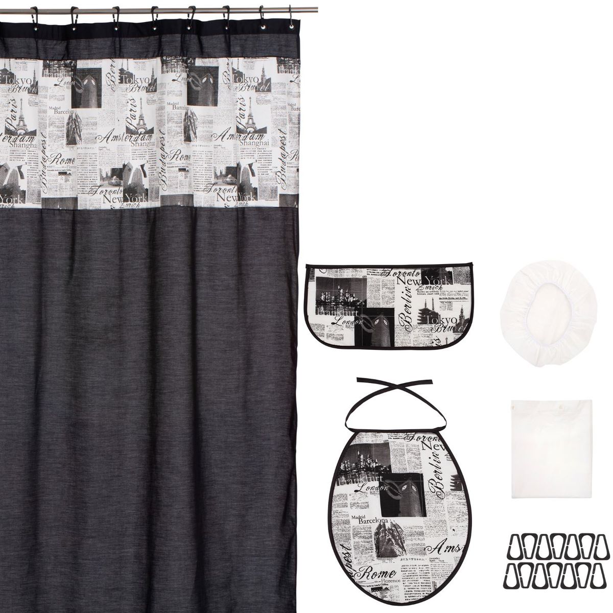 GENTILE - Cortina y Set de Baño Medida Especial 6 piezas color Negro Diseño Diario 200 X 200 CMS