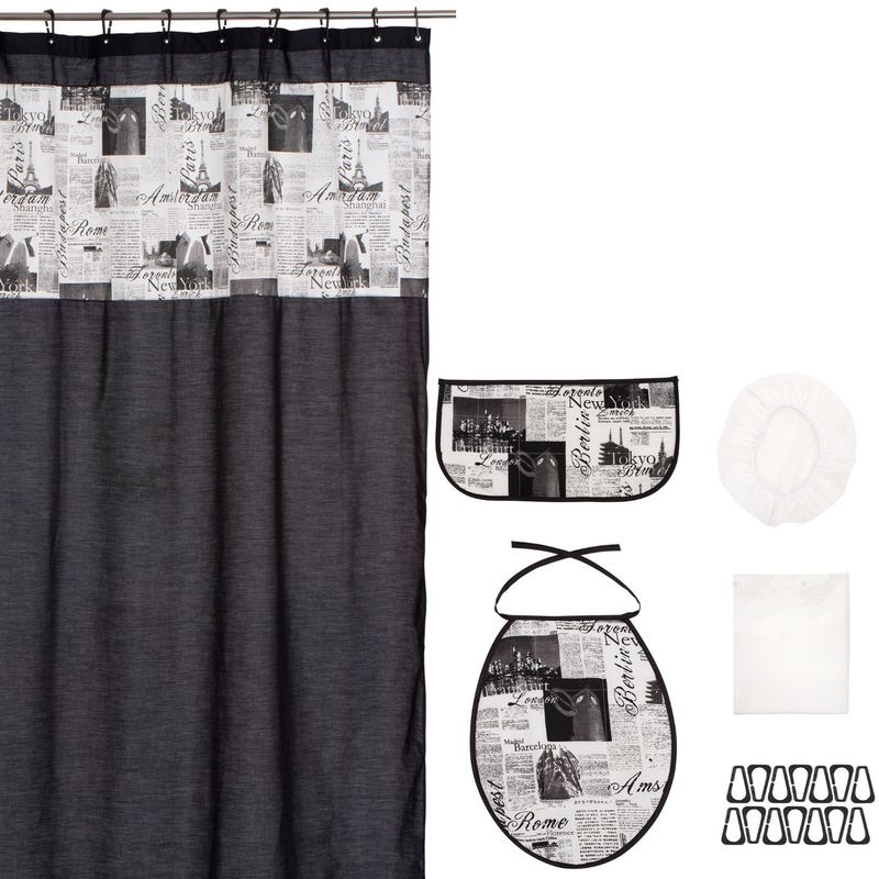 GENTILE - Cortina y Set de Baño Negro Diseño Diario 200 X 200 CMS