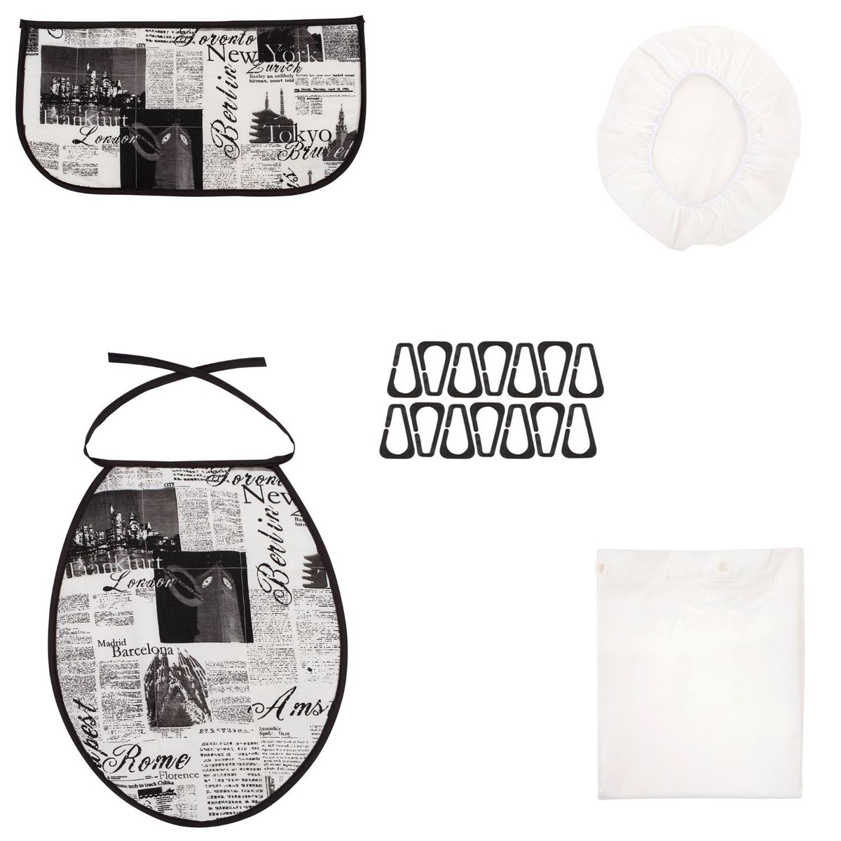 GENTILE - Cortina y Set de Baño Medida Especial 6 piezas color Negro Diseño Diario 200 X 200 CMS