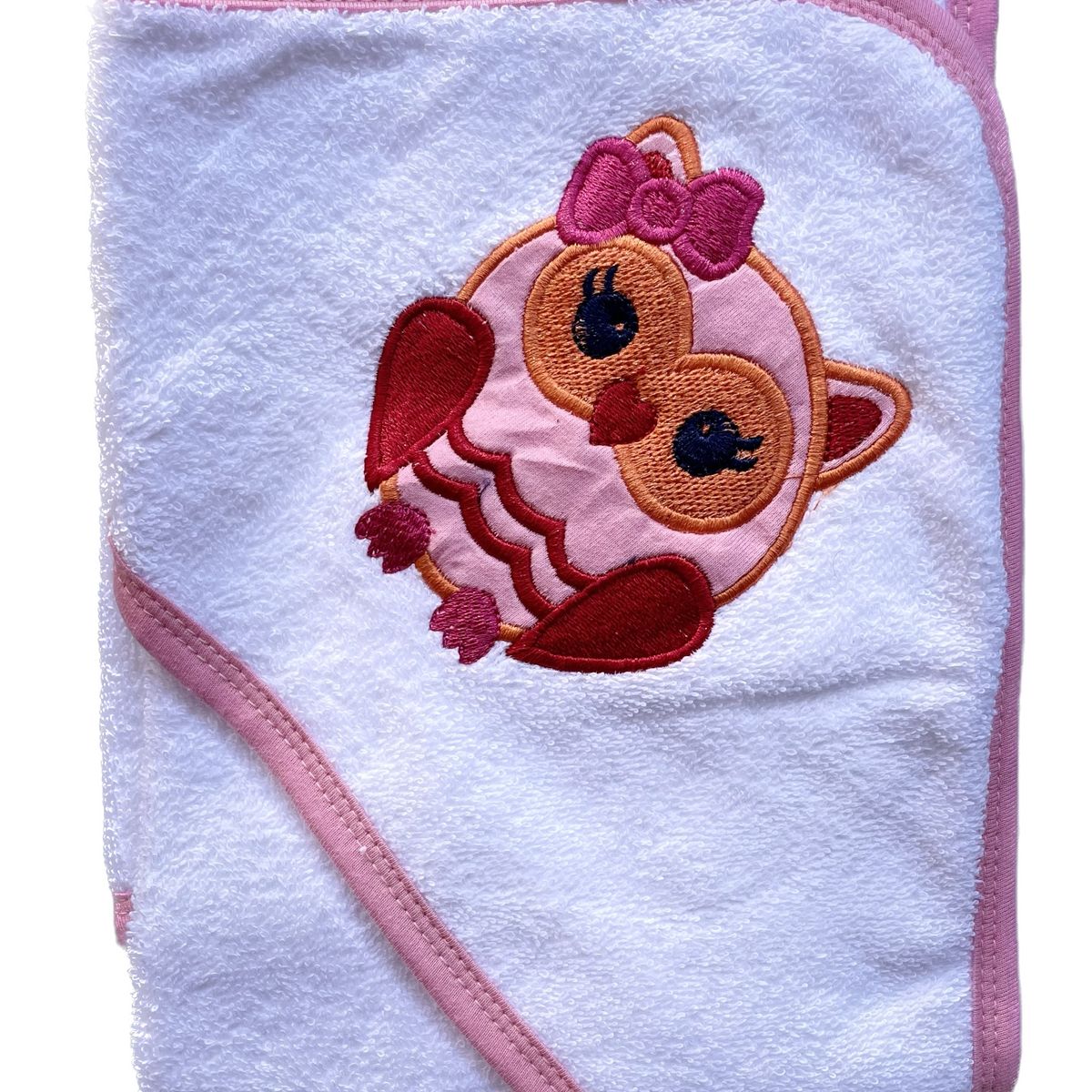 PELLITOS - TOALLA BEBÉ BLANCA ROSA BÚHO 100 ALGODON PAKISTANI 80X80.