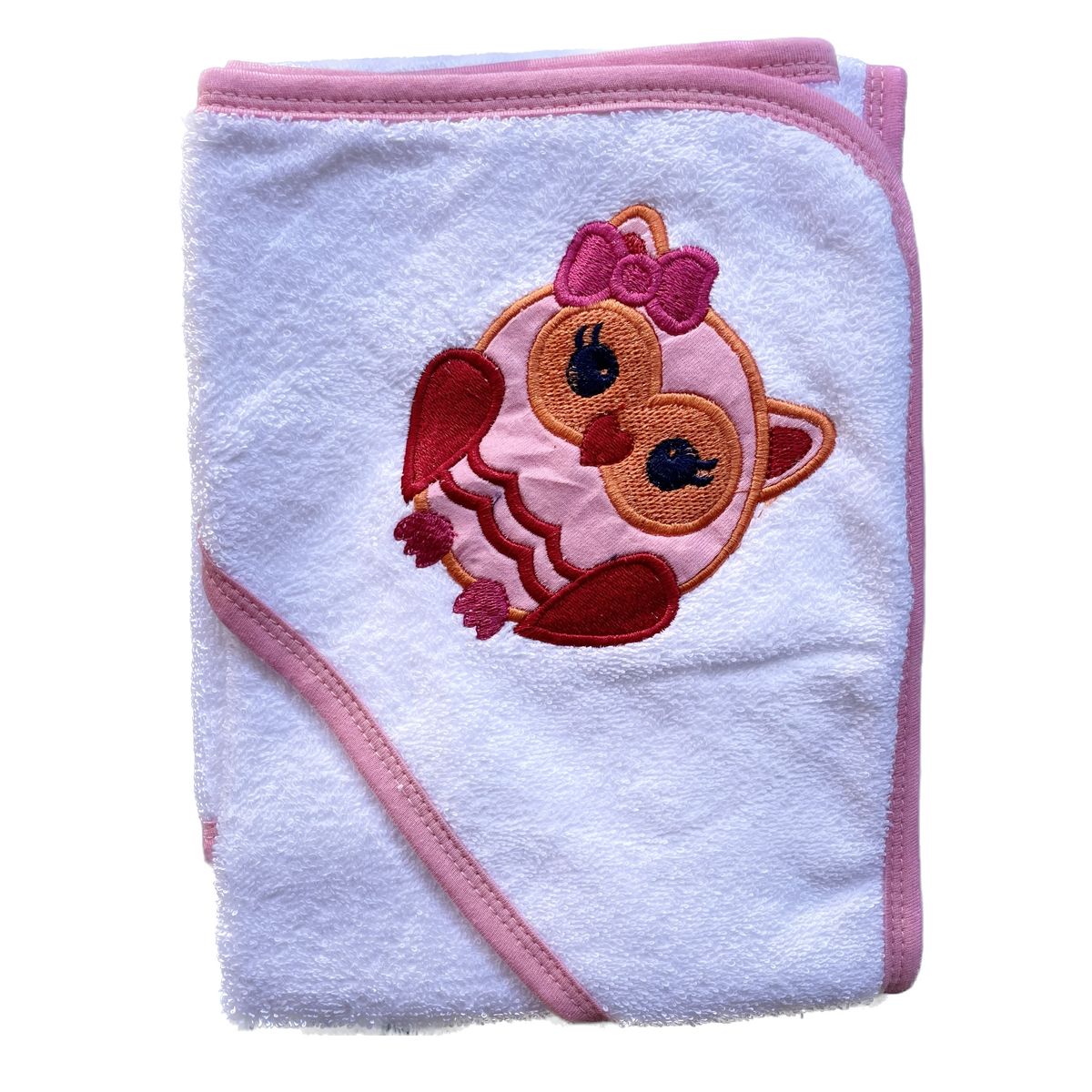 PELLITOS - TOALLA BEBÉ BLANCA ROSA BÚHO 100 ALGODON PAKISTANI 80X80.