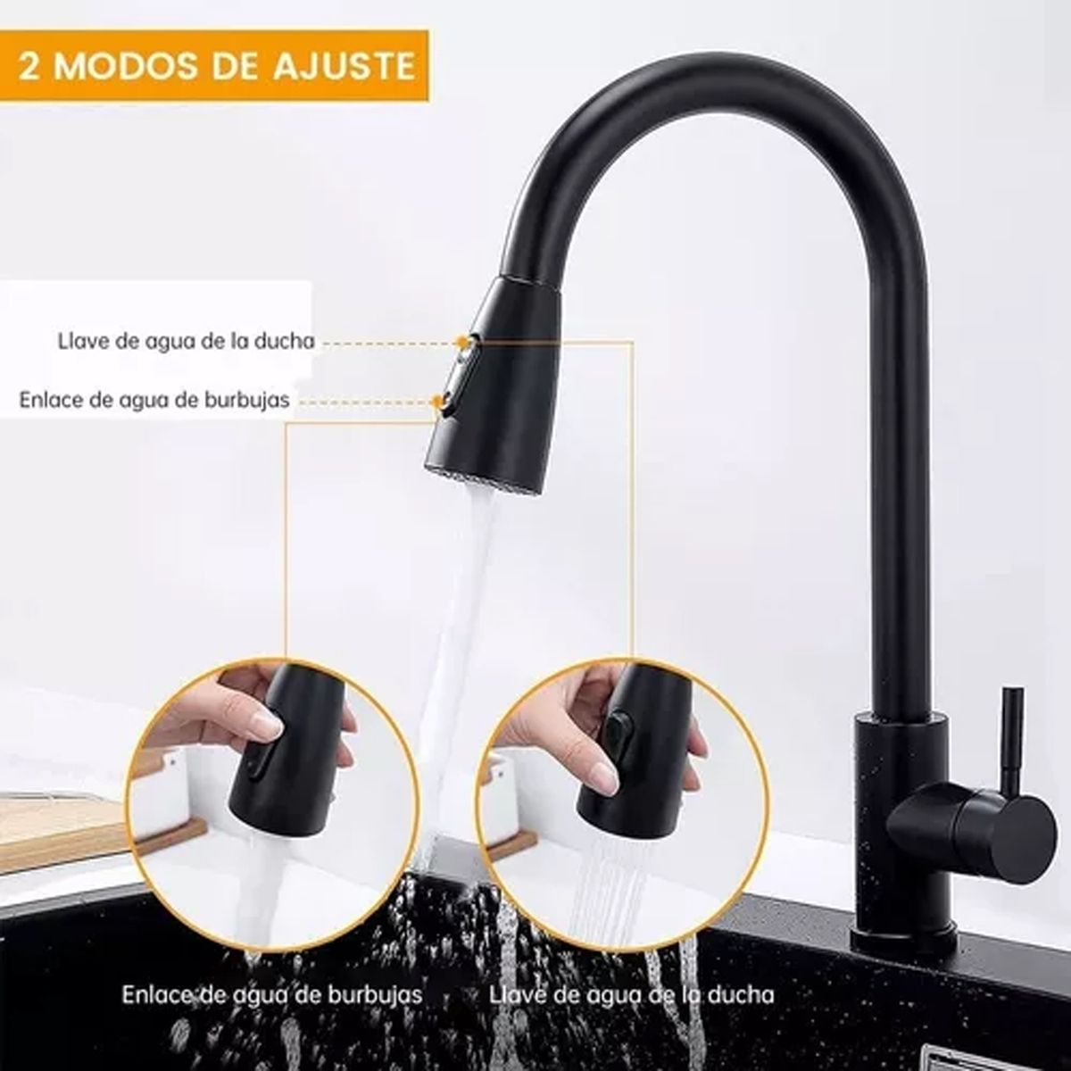 EVERSO - Llave Monomando Lavaplatos Extraíble Negra Flexible