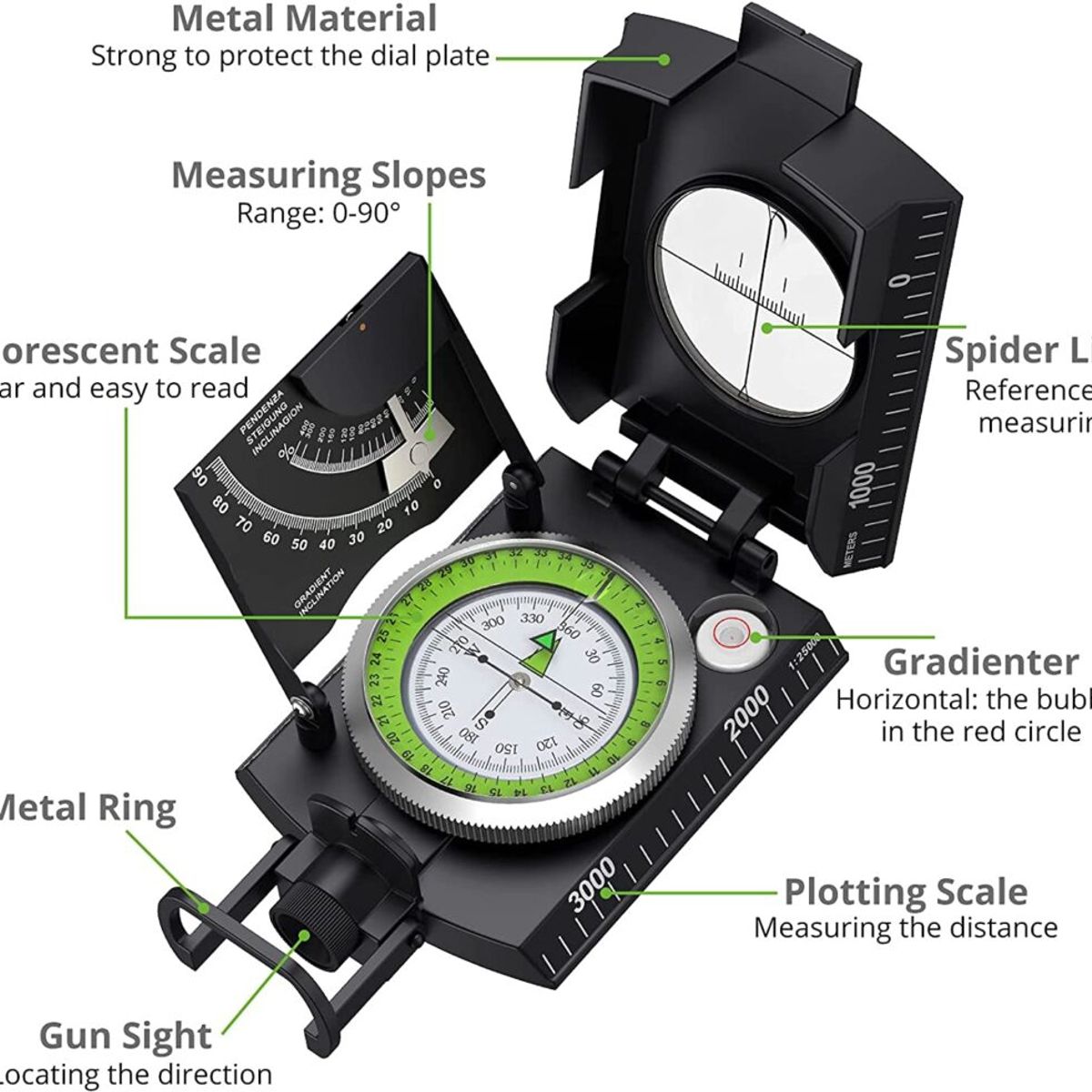 GENERICO - BRUJULA SUPERVIVENCIA COMPAS INCLINOMETRO FLUORESCENTE AA14