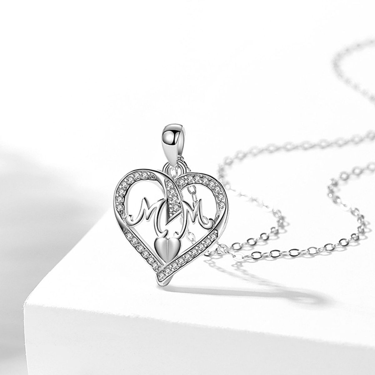 ZG JOYAS - Collar Colgante Corazón Plata S925 Mom Circón Regalo Mamá Día Madre
