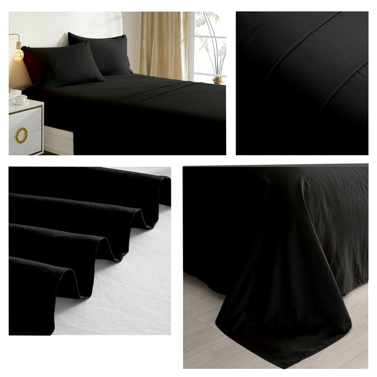 GENERICO - Juego De Sabanas Lisas Negras 2.0 Plazas (Queen) 144 Hilos