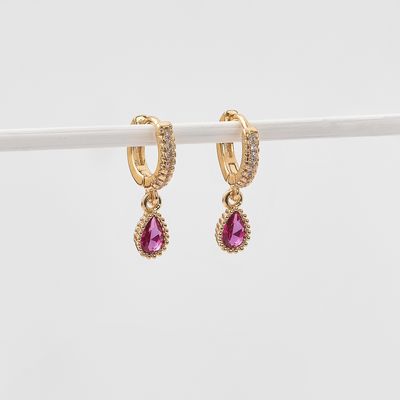 Imagen 2 del producto Aros Argollas FRIDA con gota fucsia bañados en Oro 18k