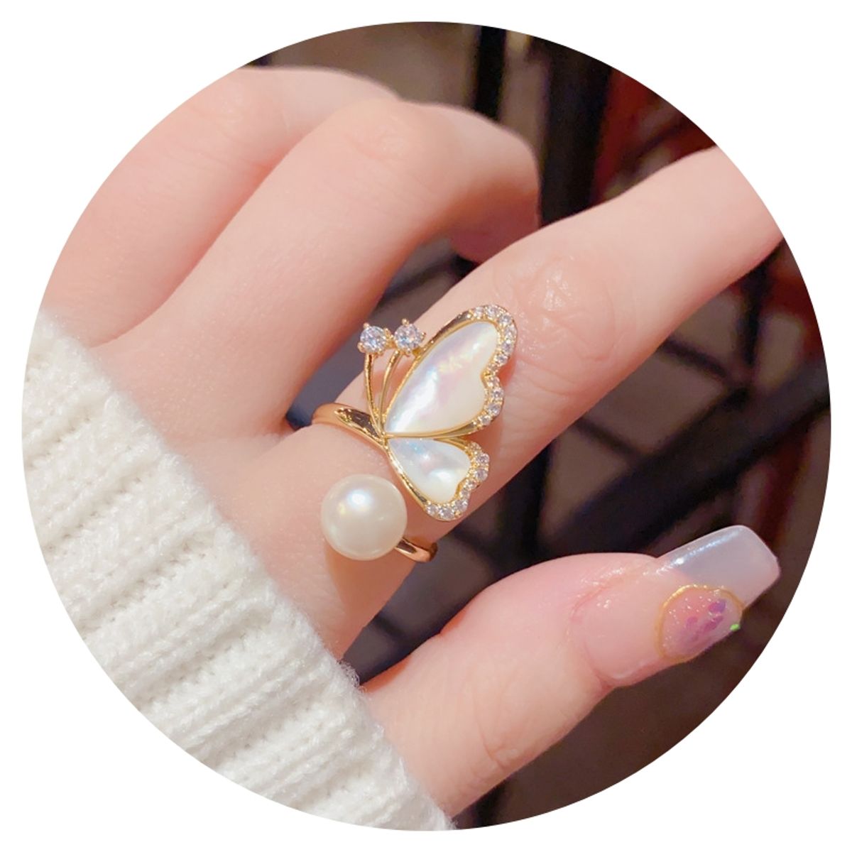 ZG JOYAS - Anillo Mariposa Galvanizado En Oro 14k Perla Circón Nácar Mujer