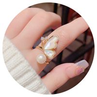 Anillo Mariposa Galvanizado En Oro 14k Perla Circón Nácar Mujer