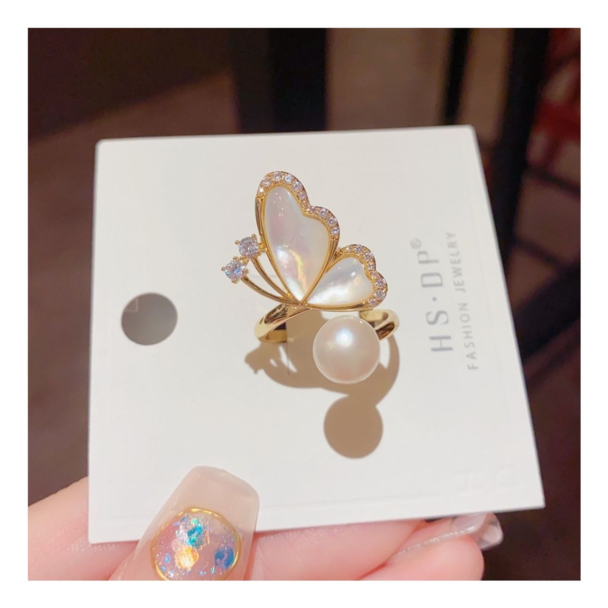 ZG JOYAS - Anillo Mariposa Galvanizado En Oro 14k Perla Circón Nácar Mujer