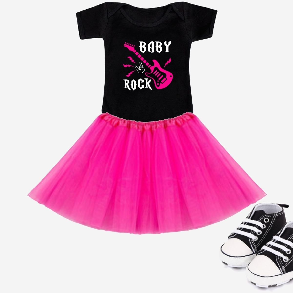 GENERICO - Conjunto Rockero Bebé Body Tutú Rock Zapatilla Calavera Bandas Rock