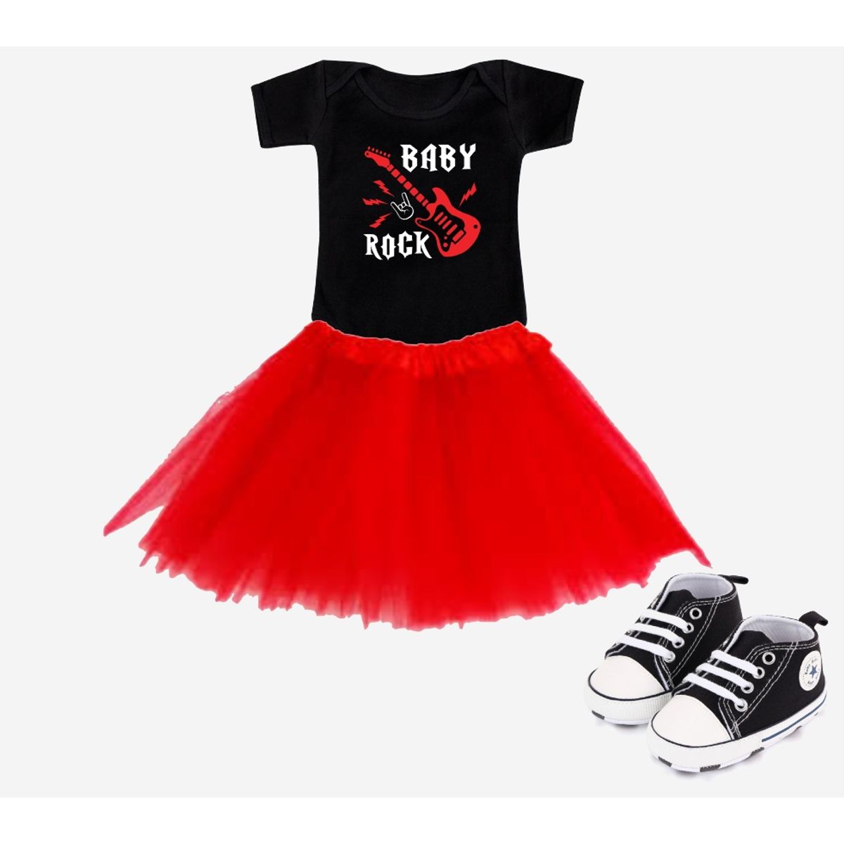 GENERICO - Conjunto Rockero Bebé Body Tutú Rock Zapatilla Calavera Bandas Rock