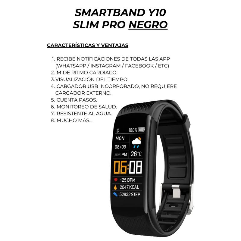GENERICO - Smartband Banda Inteligente  Y10 SlimPro Sport  Iphone-Samsung  Negro
