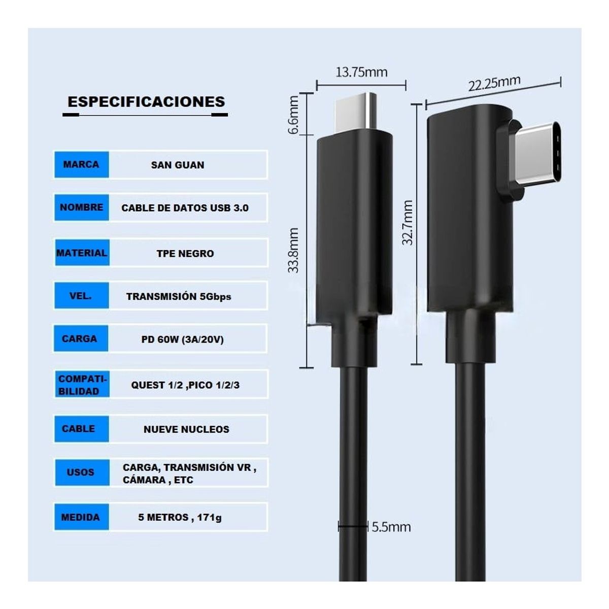 ZG STORE - Cable Para Oculus Link Alternativo 5m Usb-c A Usb-c 3.0 5gbps Pd60w